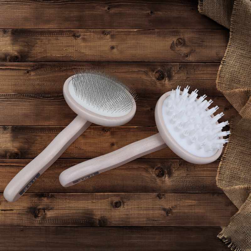 HOP SOLID WOOD PET DEMATTING PIN BRUSH – ROUNDED PLUM-BLOSSOM MASSAGE TIPS