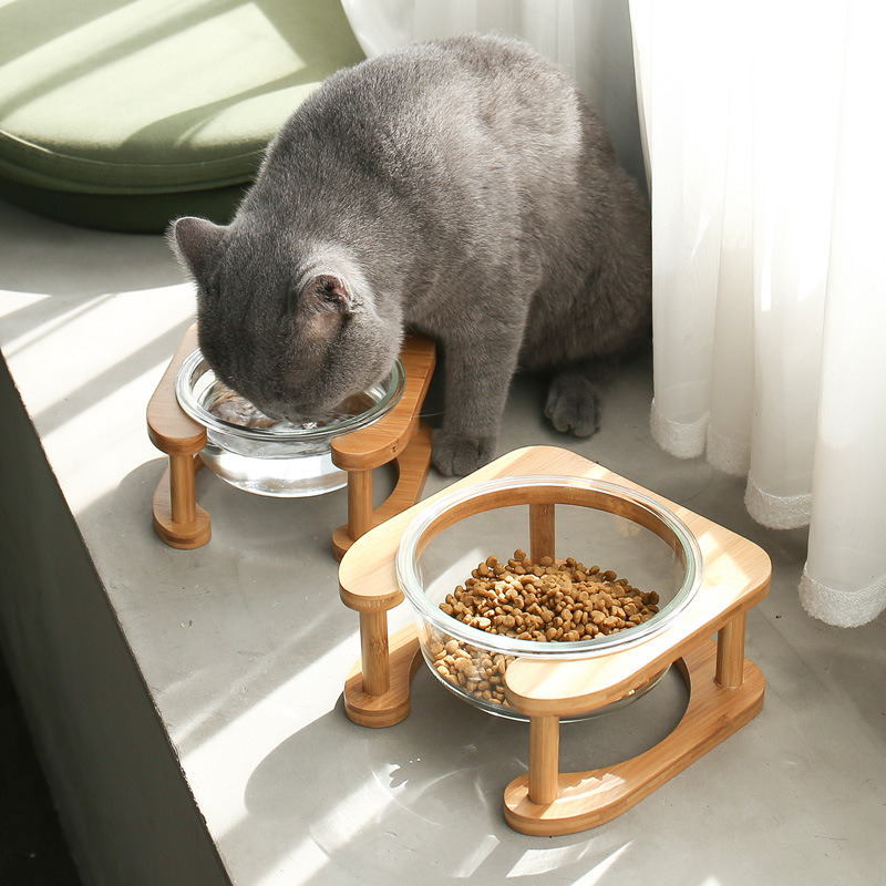 PET BOWL – THICK GLASS WITH WOODEN STAND, SINGLE / DOUBLE BOWL
