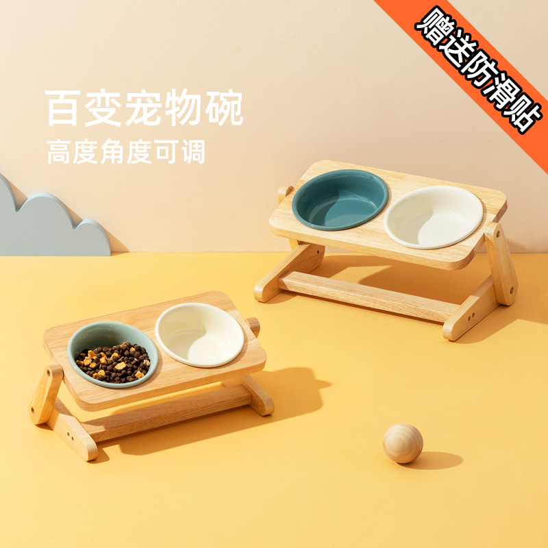 PET CERAMIC BOWL – VERSATILE DOUBLE WOODEN STAND