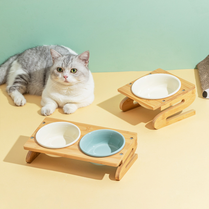 PET CERAMIC BOWL WITH S-SHAPED BAMBOO STAND