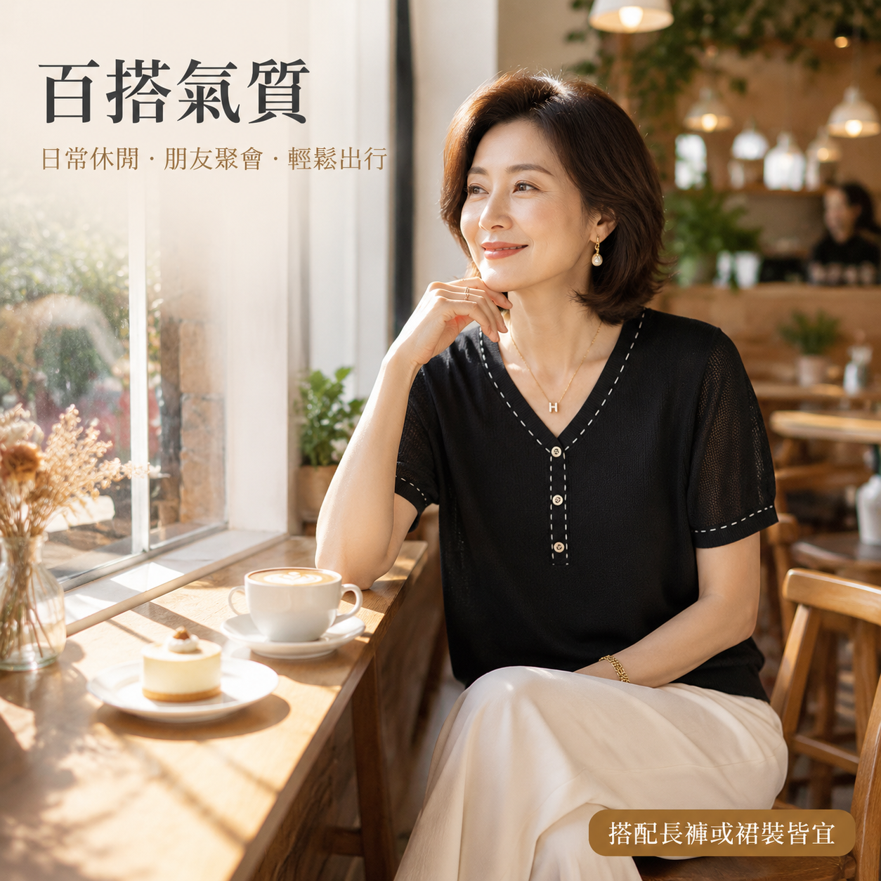 中老年女夏季新款氣質V領冰絲T恤