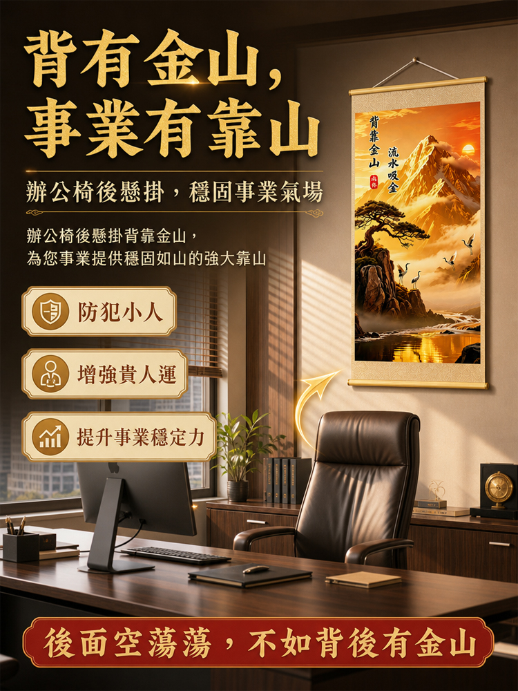 【聚財聚氣財運亨通】背靠金山捲軸掛畫