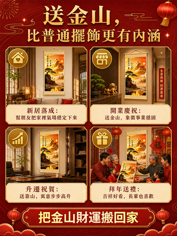 【聚財聚氣財運亨通】背靠金山捲軸掛畫