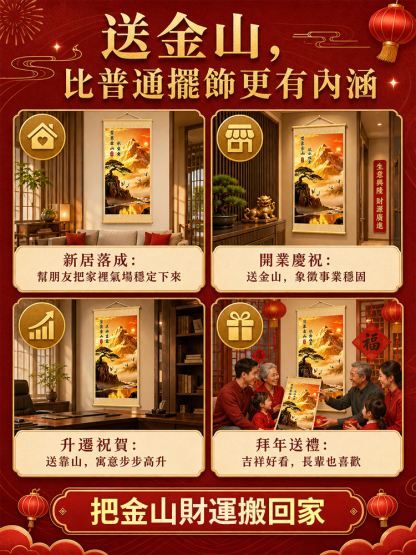 【聚財聚氣財運亨通】背靠金山捲軸掛畫