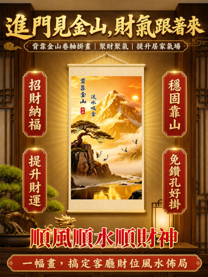 【聚財聚氣財運亨通】背靠金山捲軸掛畫