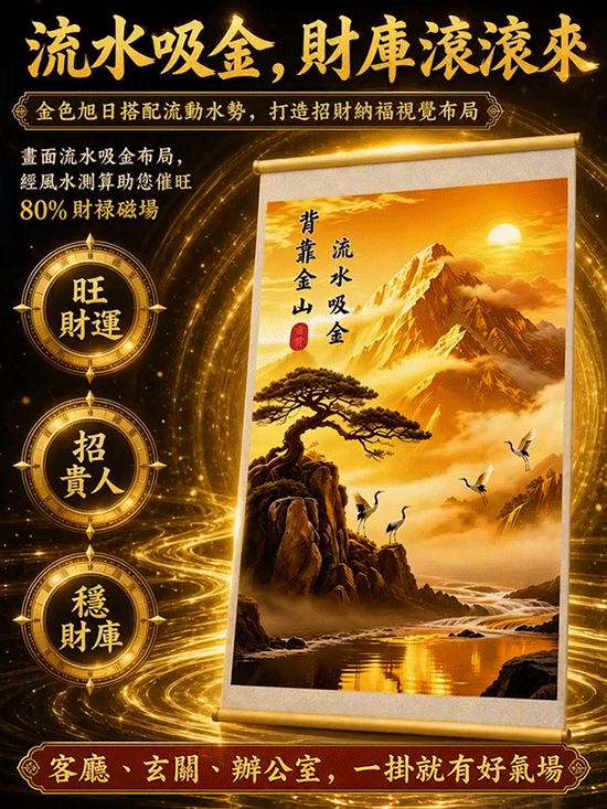 【聚財聚氣財運亨通】背靠金山捲軸掛畫