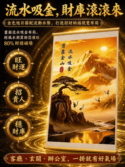 【聚財聚氣財運亨通】背靠金山捲軸掛畫