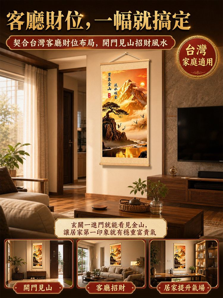 【聚財聚氣財運亨通】背靠金山捲軸掛畫