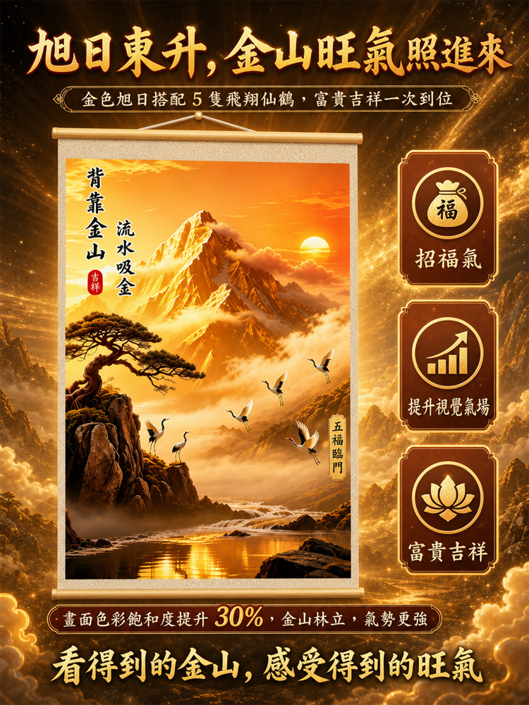 【聚財聚氣財運亨通】背靠金山捲軸掛畫