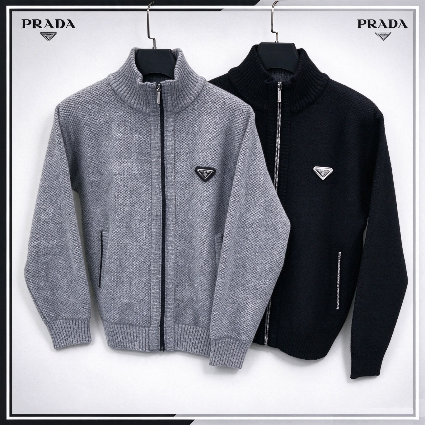 [PRADA]秋冬新作 メンズ ハイネック ジップニットカーディガン 三角ロゴワッペン付き ニットジャケット 厚手 保温 カジュアル 2 色展開 グレー / ブラック