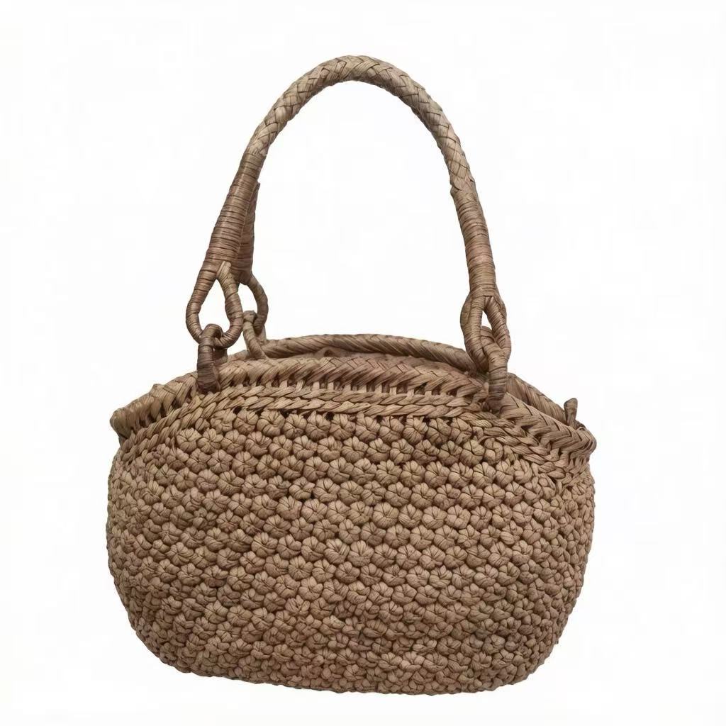 3mm Wild Grape Rattan Handbag, Hexagonal Floral Weave Small Tote Bag With Cotton Lining & Drawstring Closure