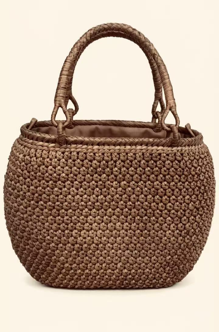  Handwoven 3mm Wild Grape Rattan Handbag with Cotton Lining & Drawstring Closure