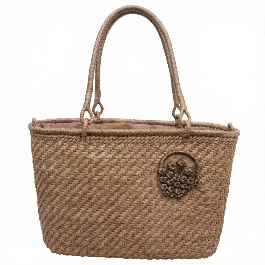 Handwoven 4mm Wild Grape Rattan Handbag with Walnut Leather Handle & Cotton Lining