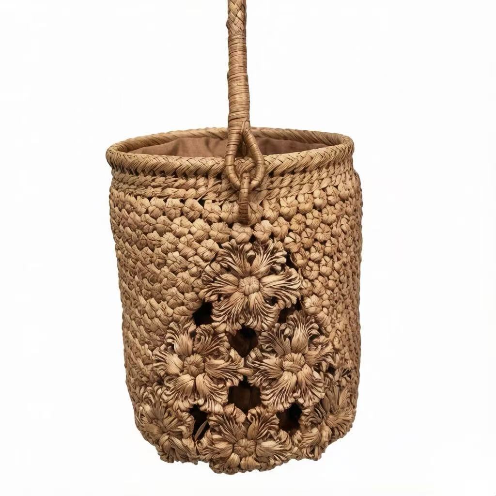Vintage Cherry Blossom Bucket Rattan Handbag, Handwoven Wild Grape Vine Tote