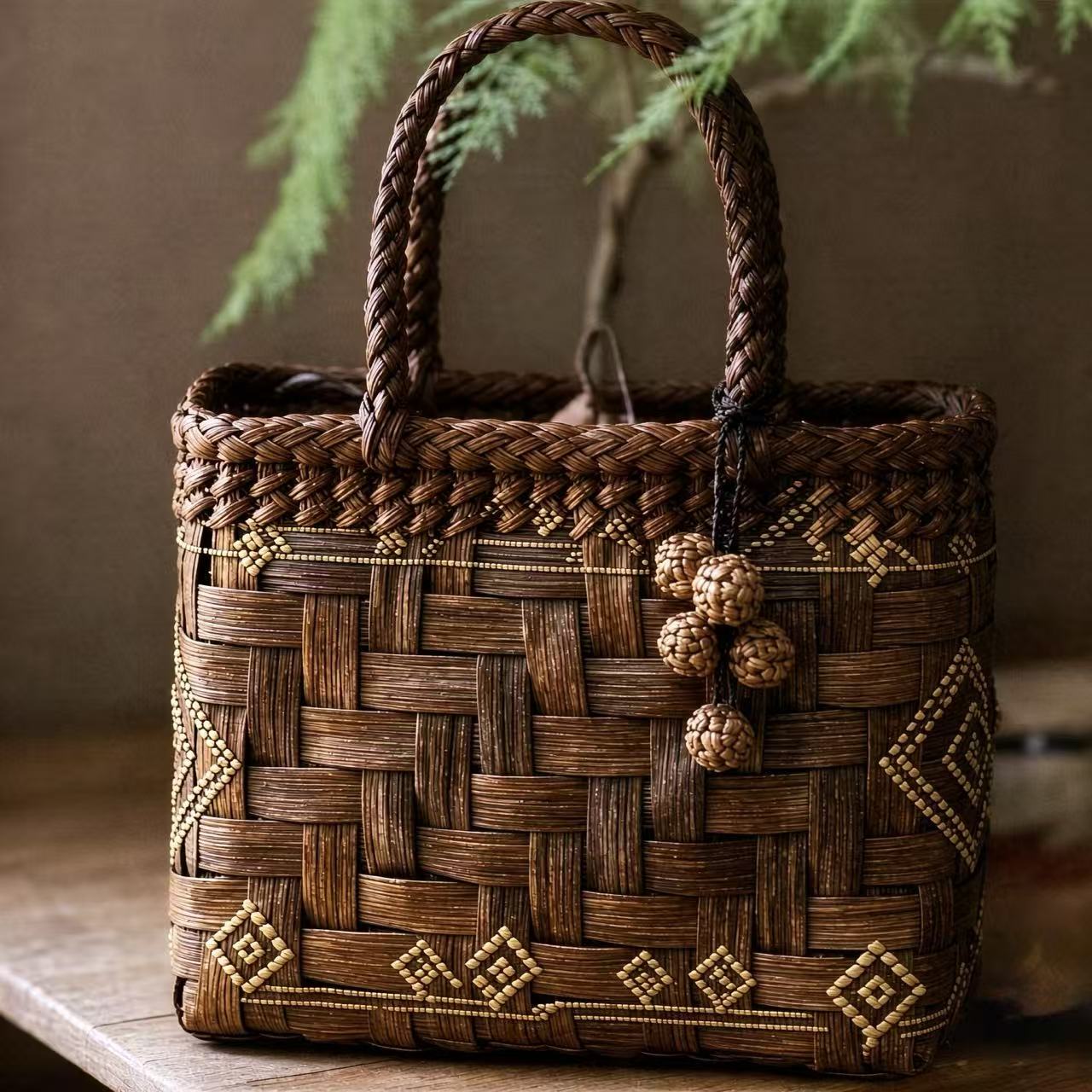 F042/25513 Improved Handwoven Rattan Tote Bag With Geometric Embroidery & Rattan Bead Tassel