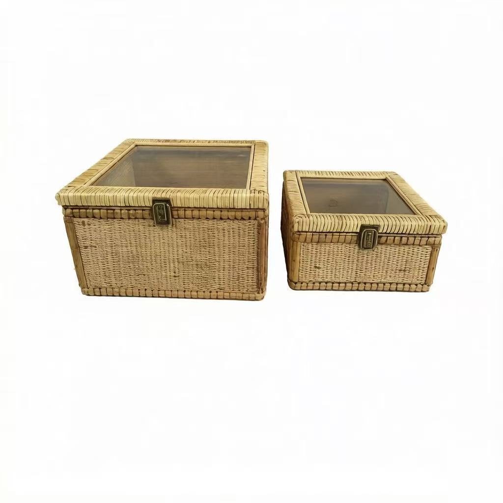 Hand‑woven Rattan Storage Box With Transparent Lid, Set of 2 Sizes