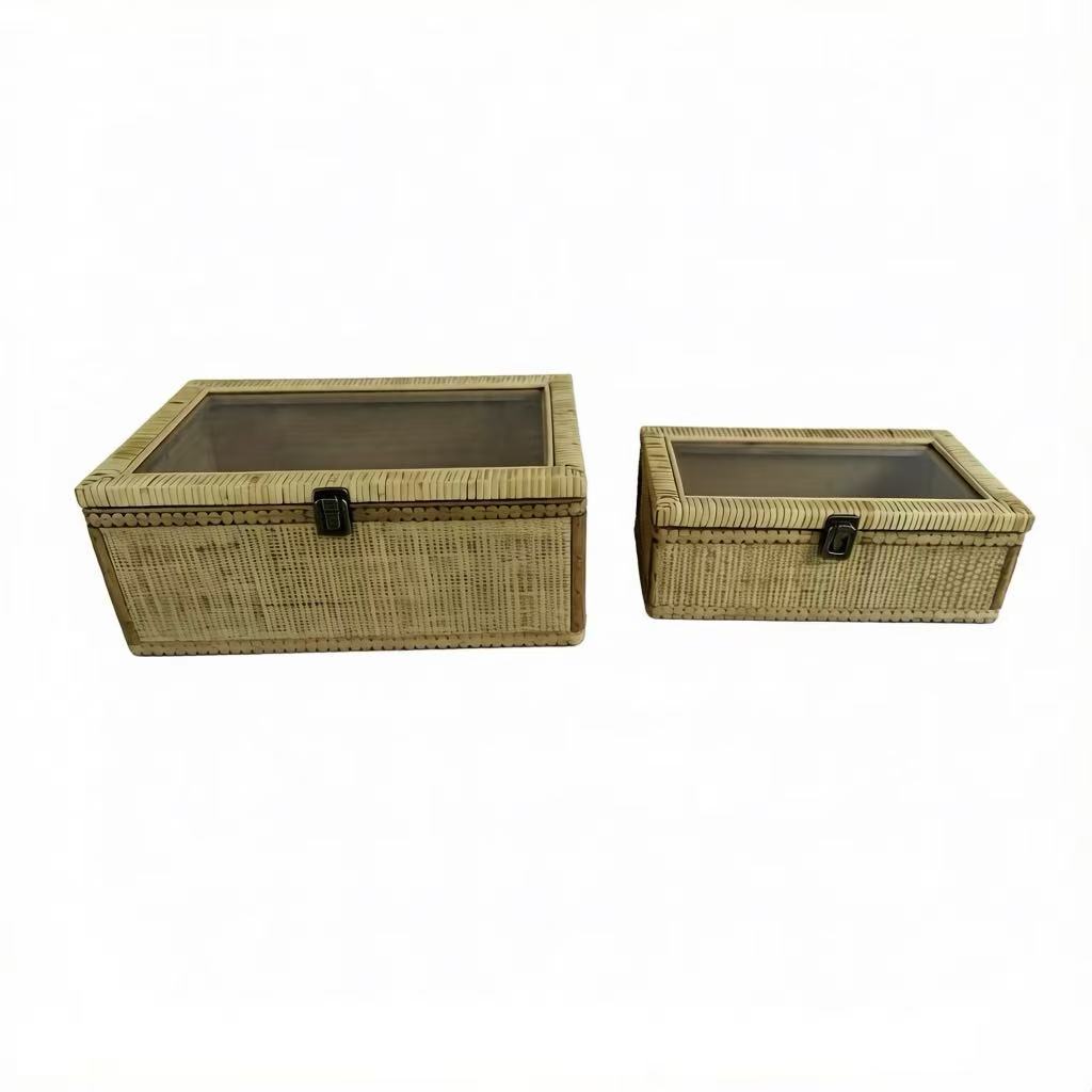 Hand‑woven Rattan Storage Box With Transparent Lid, Set of 2 Sizes