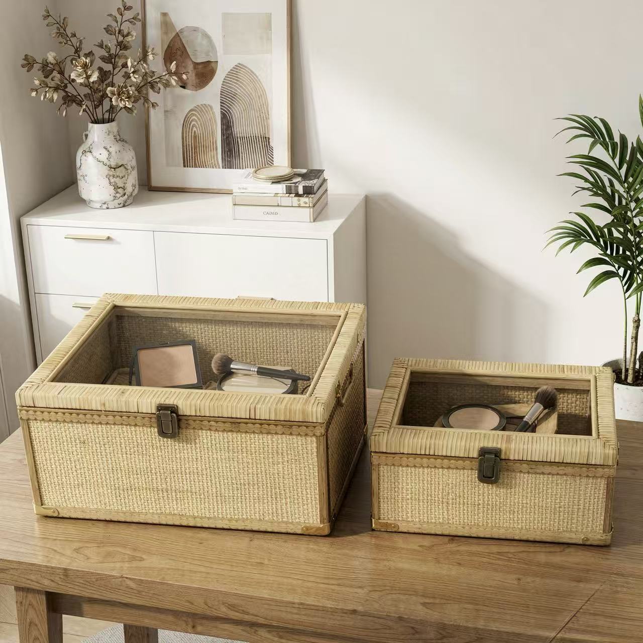 Hand‑woven Rattan Storage Box With Transparent Lid, Set of 2 Sizes