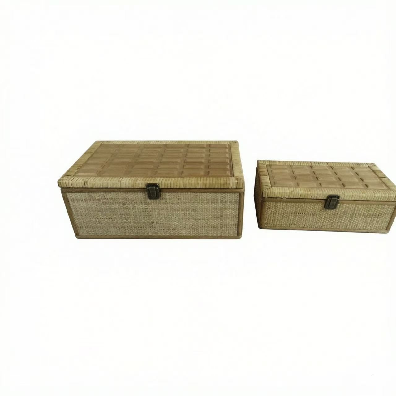 Hand‑Woven Rattan Storage Box With Metal Latch,Set of 2 Pieces