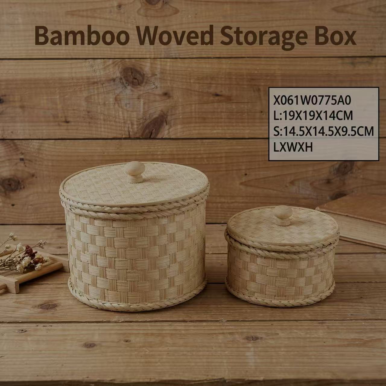 Hand‑Woven Round Rattan Storage Box With Wooden Knob Lid,Set of 2 Pieces