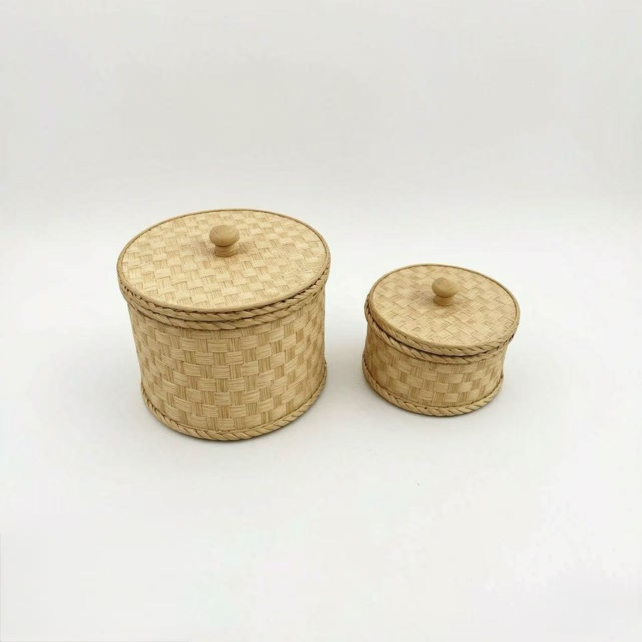 Hand‑Woven Round Rattan Storage Box With Wooden Knob Lid,Set of 2 Pieces