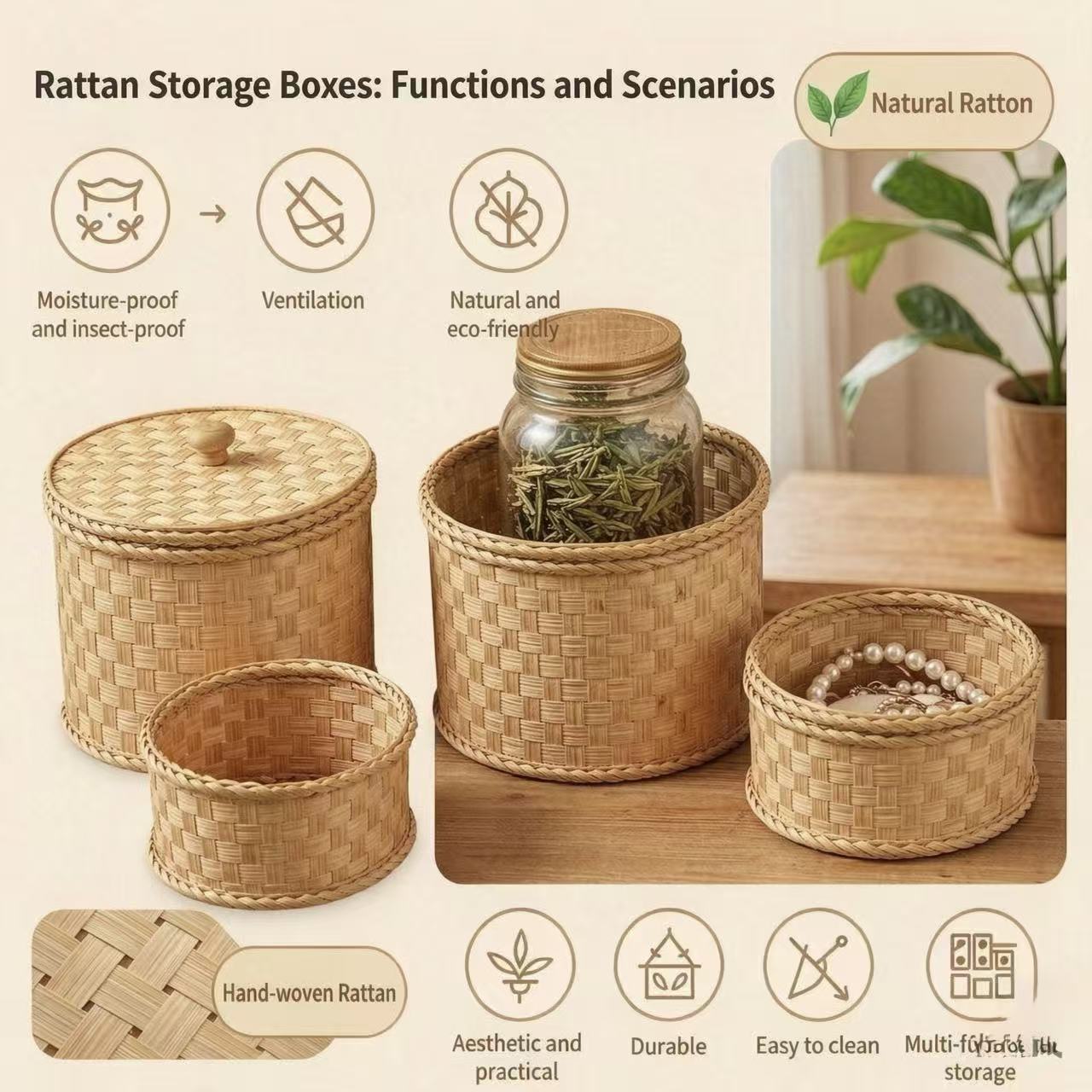 Hand‑Woven Round Rattan Storage Box With Wooden Knob Lid,Set of 2 Pieces