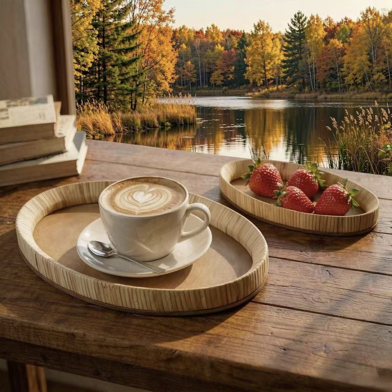 Hand‑Woven Rattan Oval Serving Tray Set of 2 Pieces