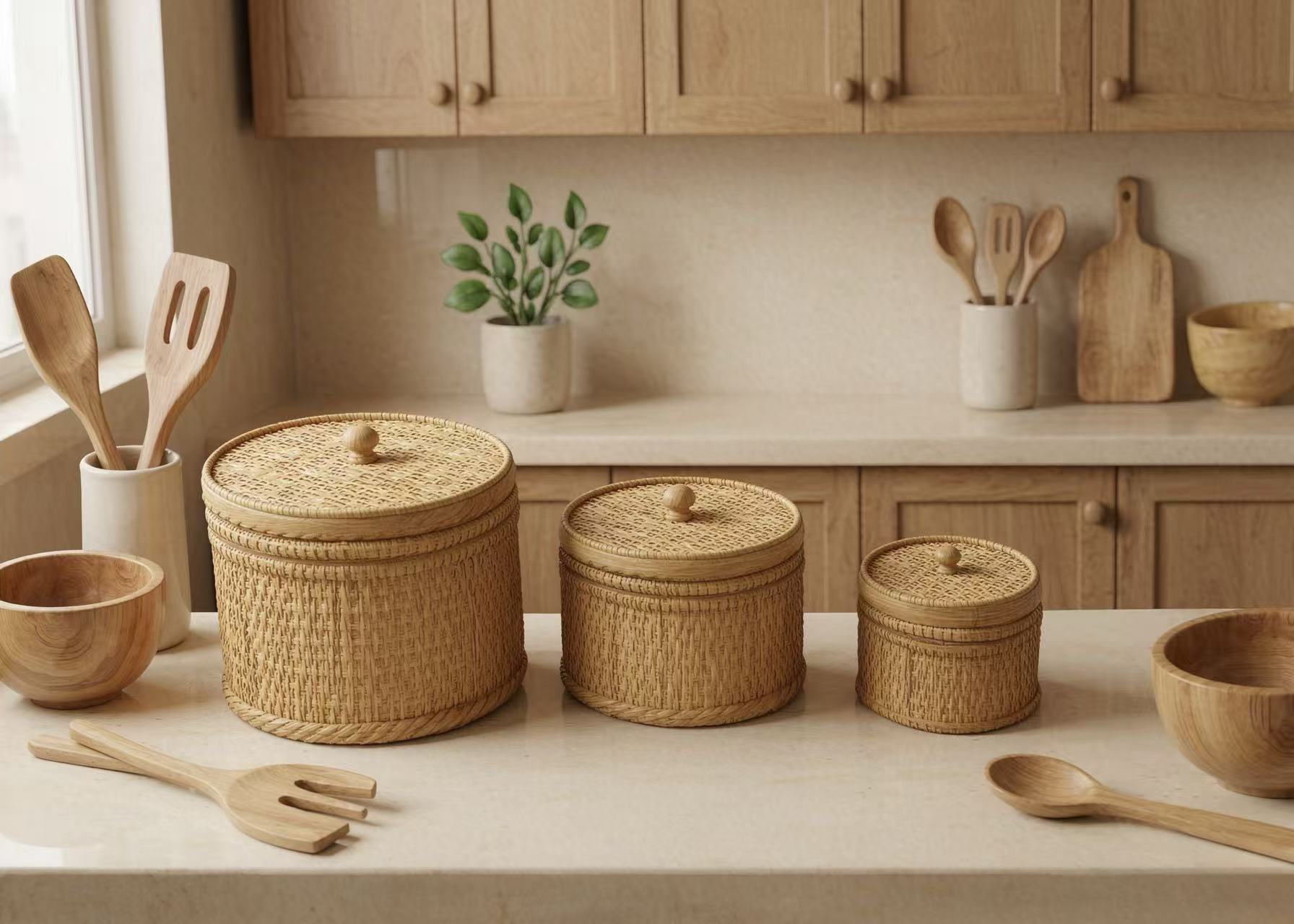 Hand‑woven Rattan Storage Baskets Set Of 2 With Handles