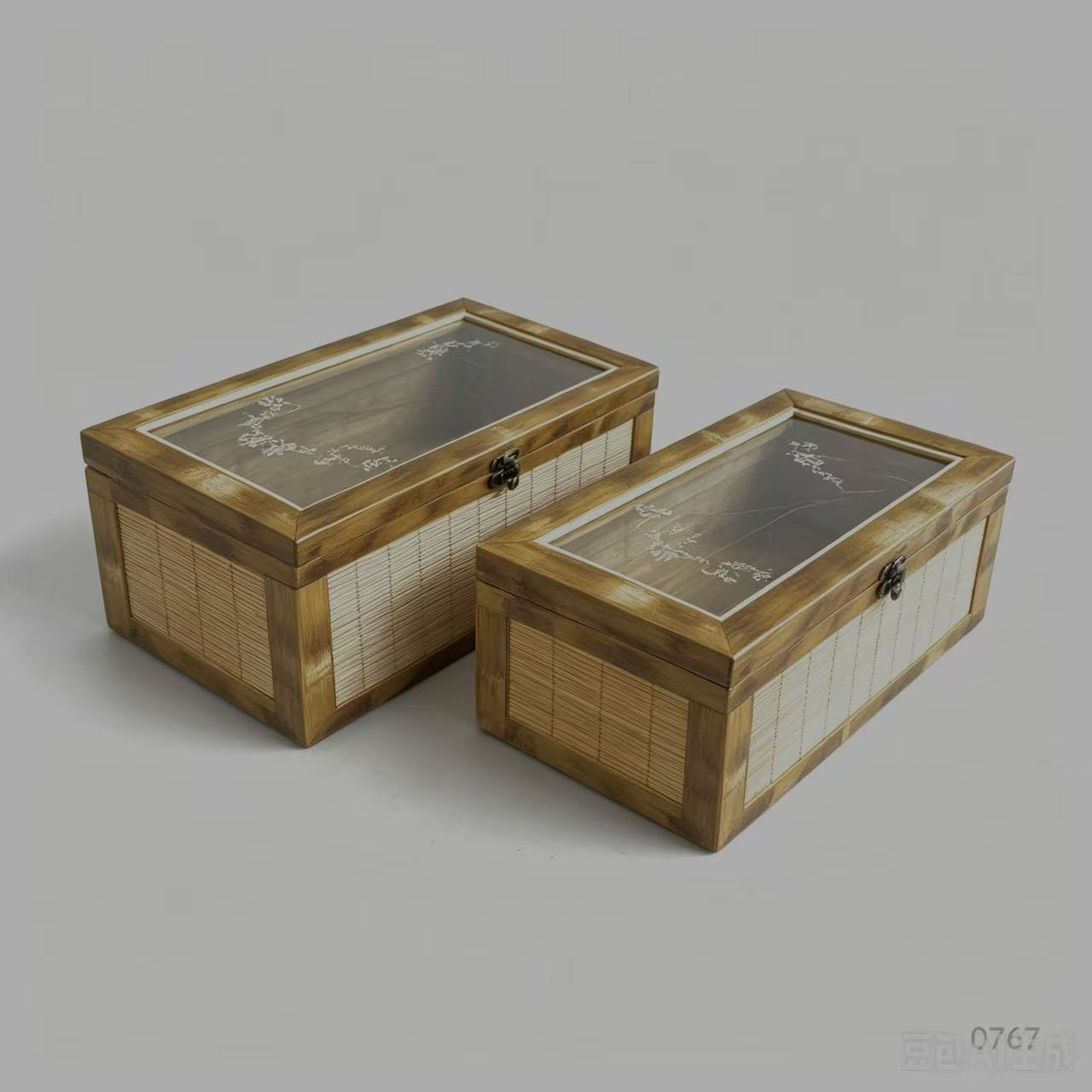 Bamboo‑Framed Rattan Storage Box Set Of 2 With Printed Transparent Lid & Metal Clasp
