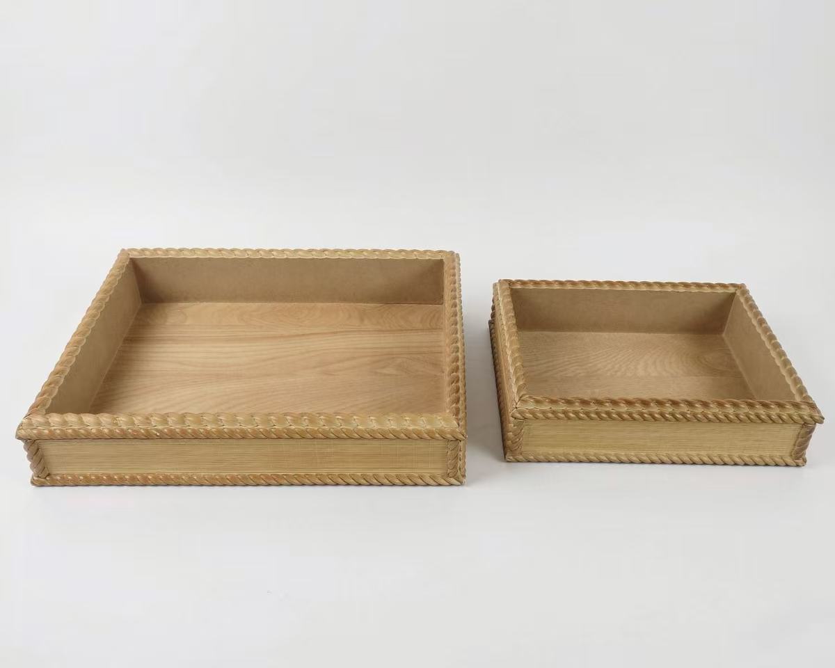 Hand‑woven Rattan Tray Set Of 2 With Solid Wood Base