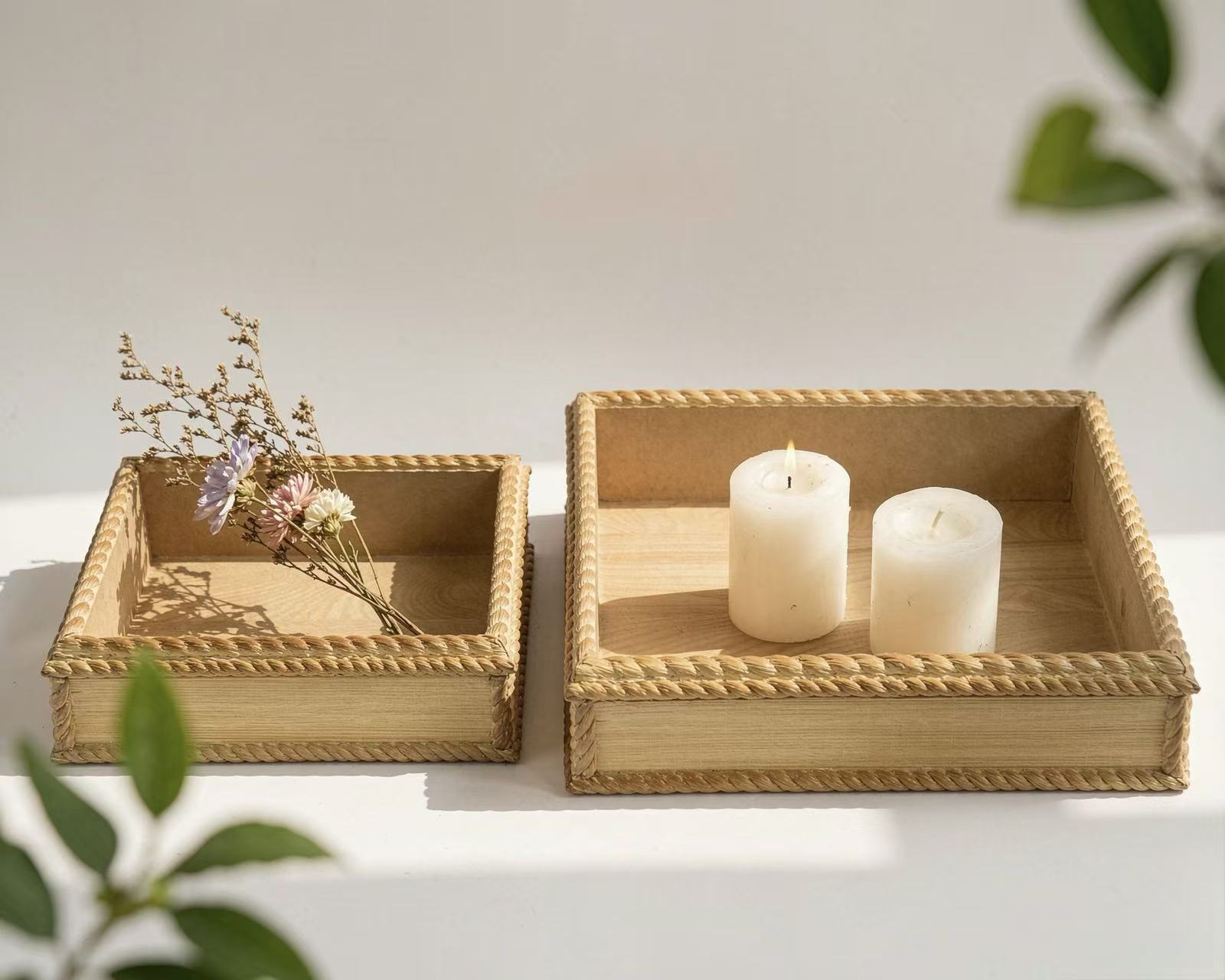 Hand‑woven Rattan Tray Set Of 2 With Solid Wood Base