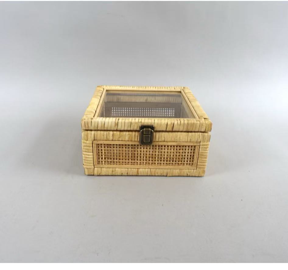 Square Rattan Storage Box With Transparent Window & Metal Latch