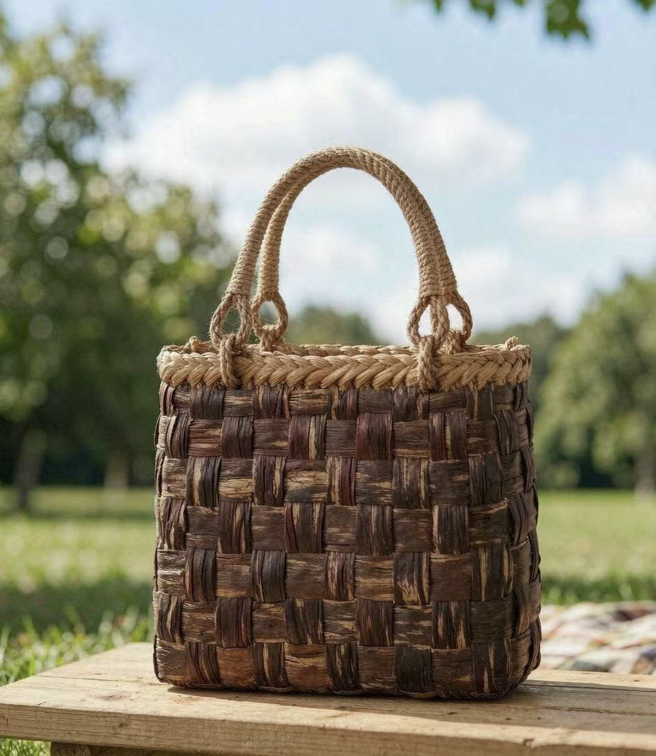 Handwoven Cherry Rattan Cross Weave Handbag, Single Pack