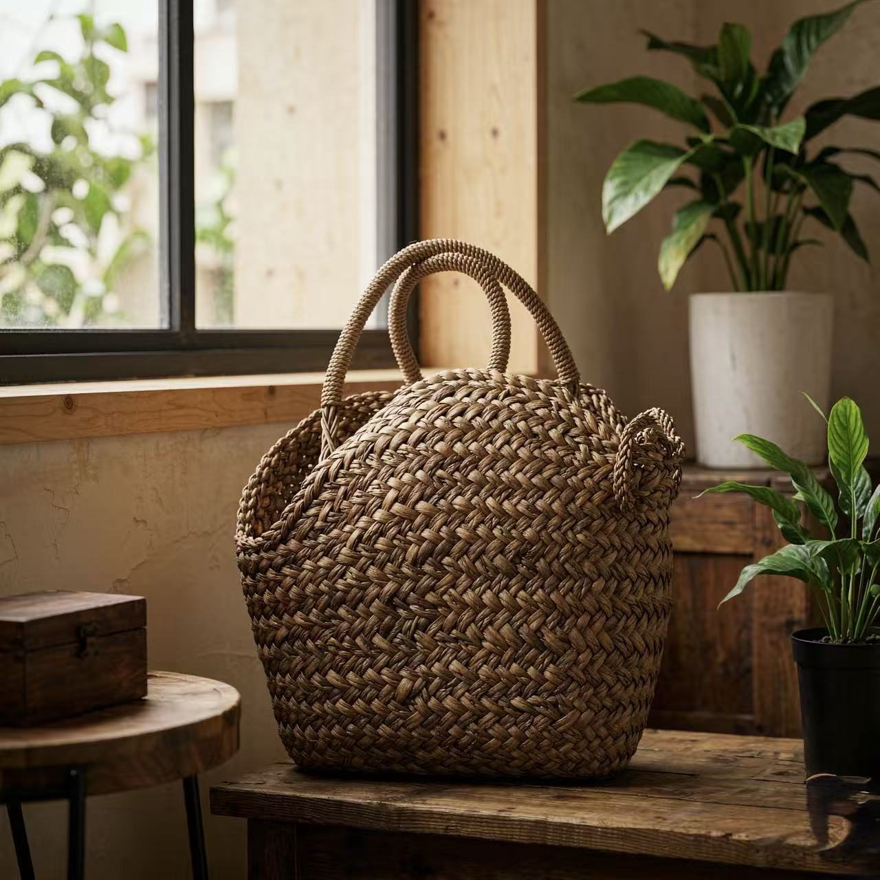 4mm Natural Grape Rattan Hexagon Weave Handbag with Cotton Lining & Drawstring Closure