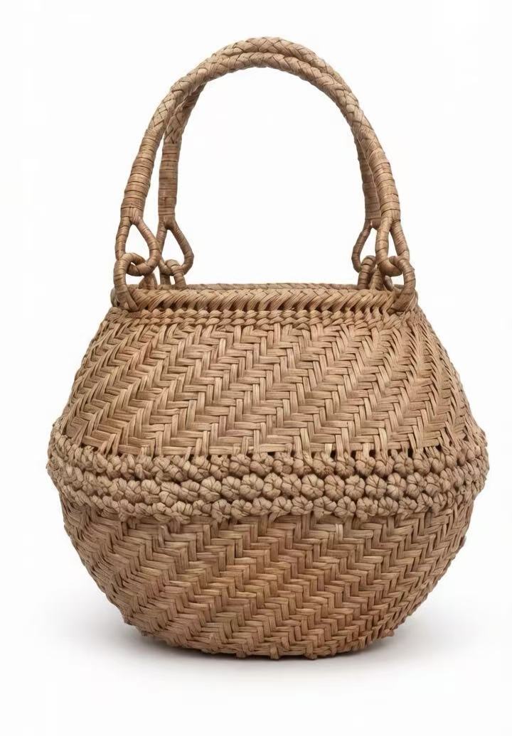 Wild Grape Rattan Mini Tote Bag, 15×15×17cm Small Handbag With Cotton Lining & Drawstring Closure
