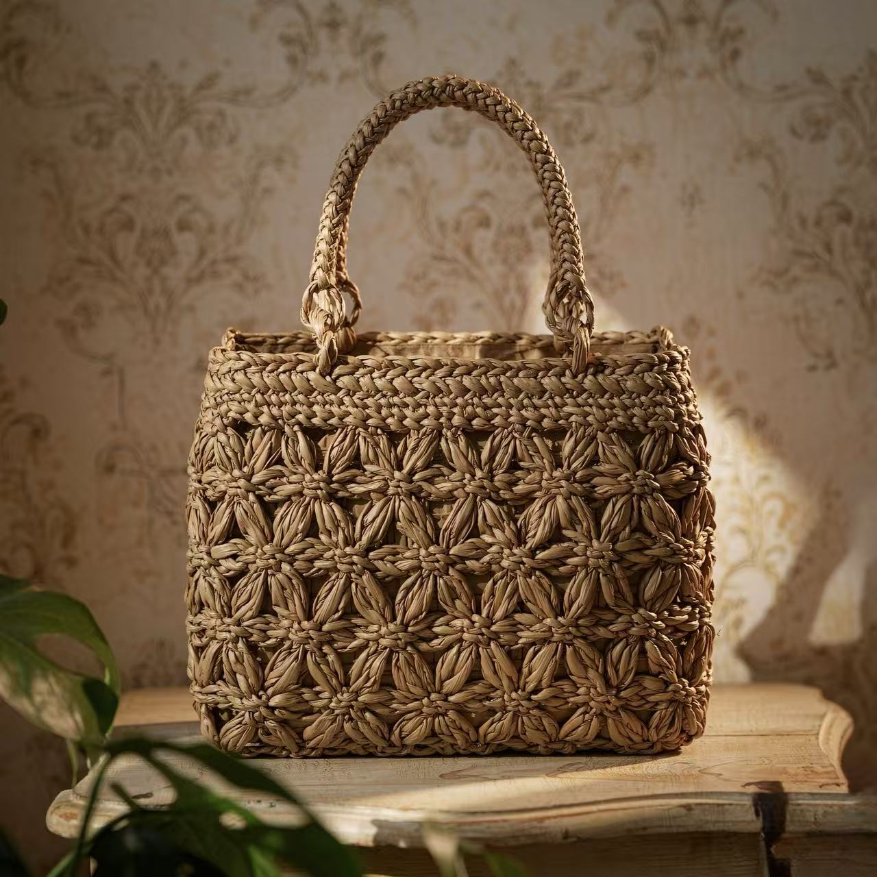 3mm Fine Wild Grape Rattan Handbag, Full Star Floral Woven Tote Bag With Cotton Lining & Drawstring