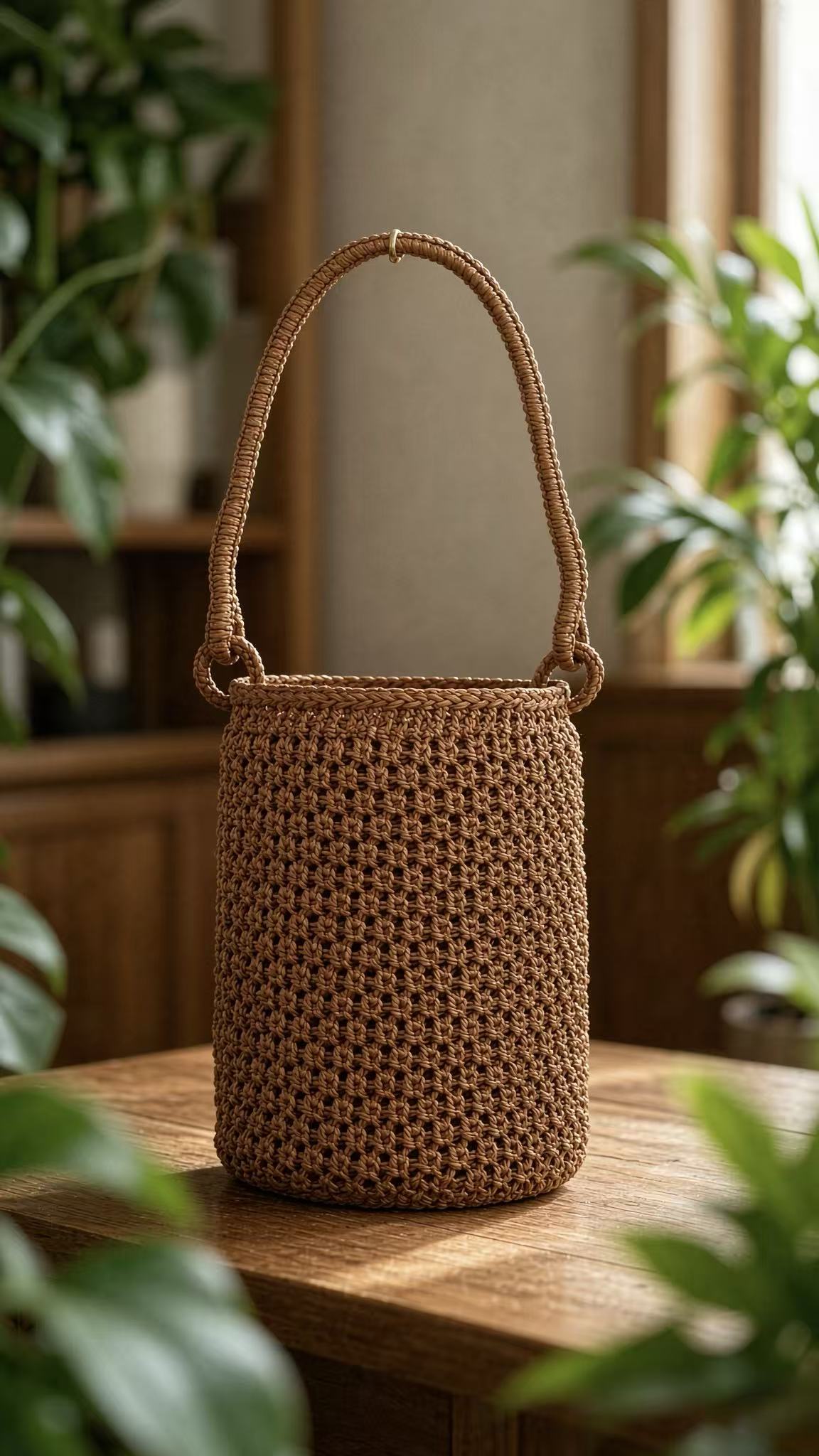 Handwoven Wild Rattan Bucket Handbag with Cotton Lining & Drawstring Closure