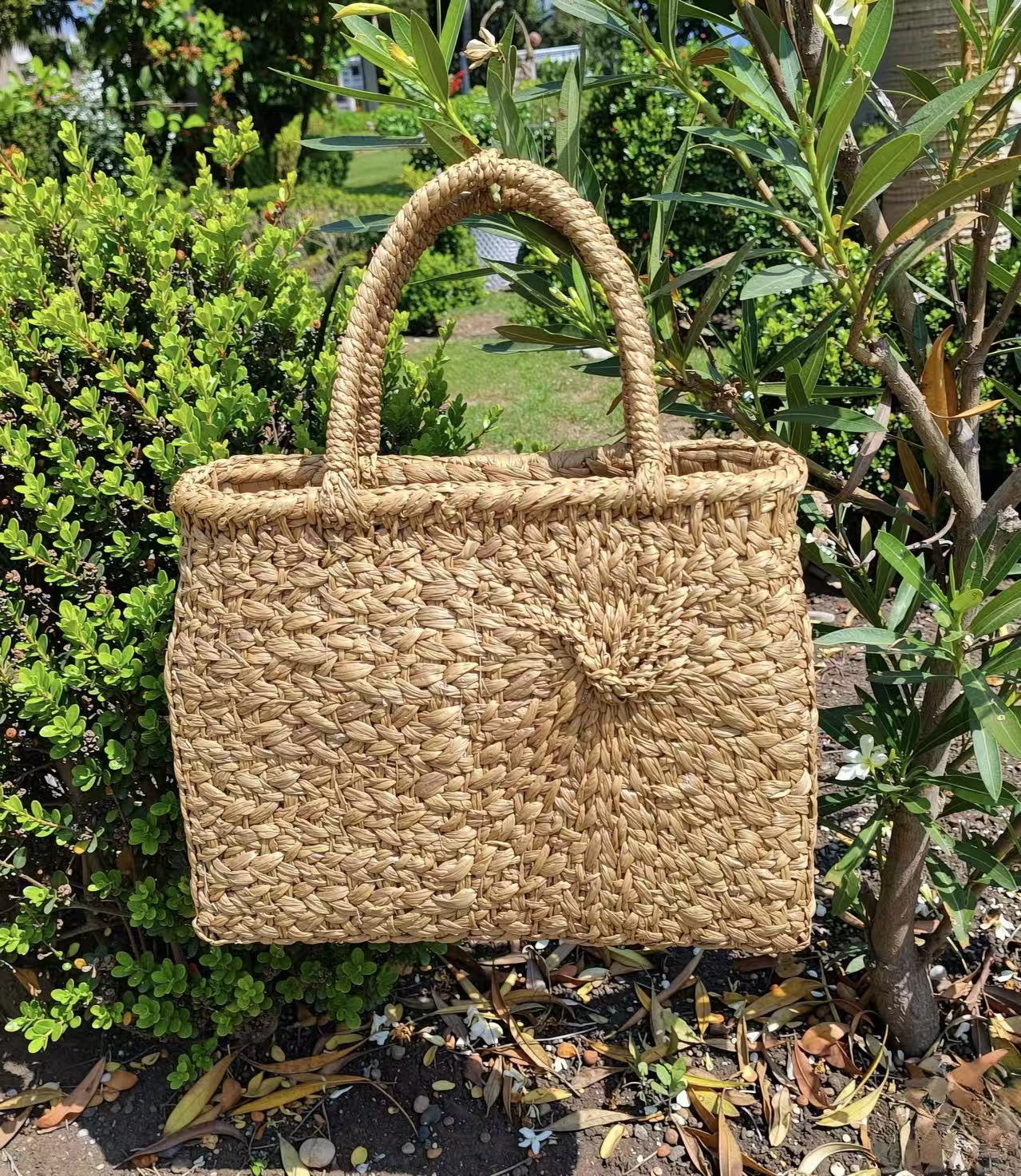 Handwoven Wild Grape Rattan Tote Bag with Cotton Lining & Drawstring Closure