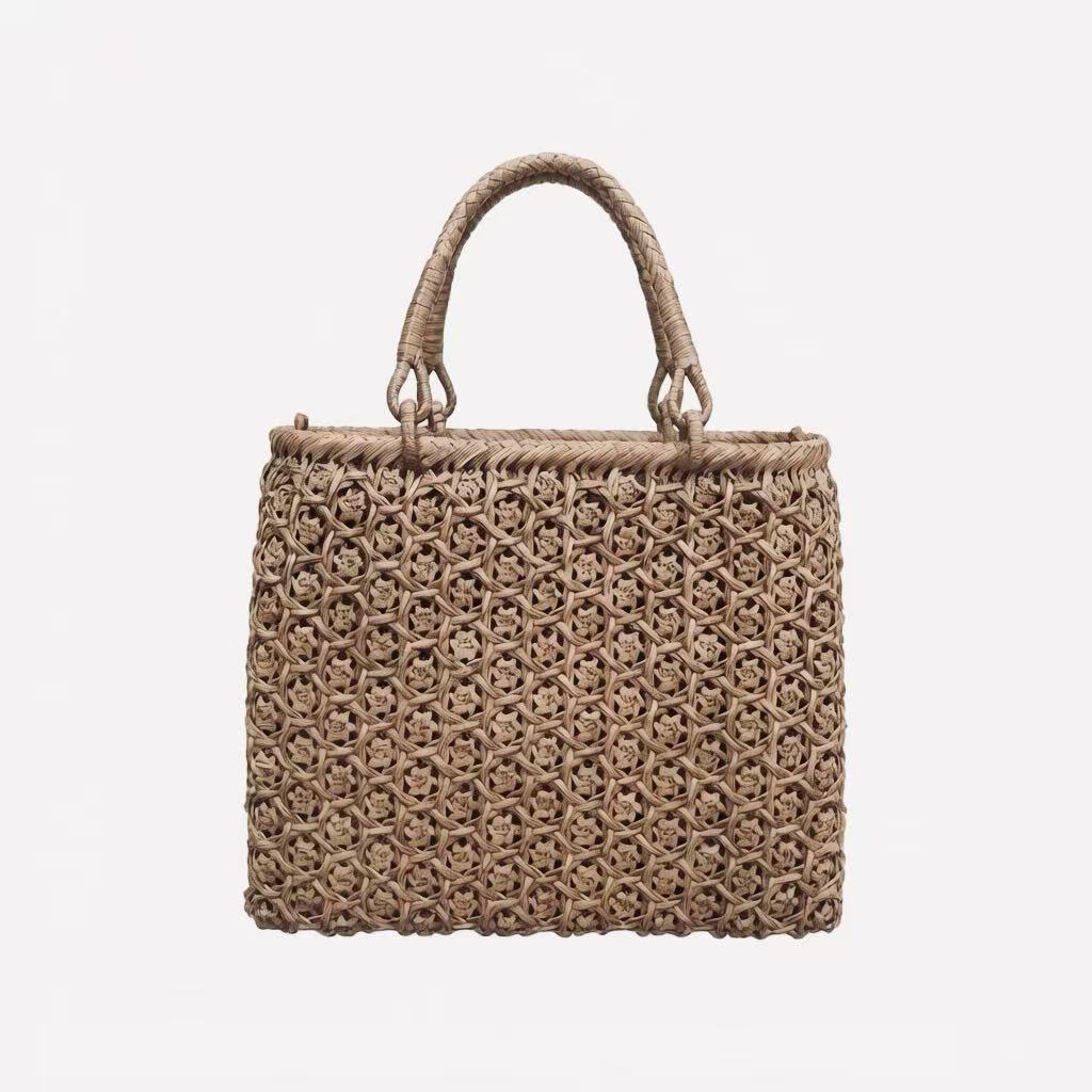 Two-Tone Woven 3mm Wild Grape Rattan Handbag with Top Layer Leather Handle