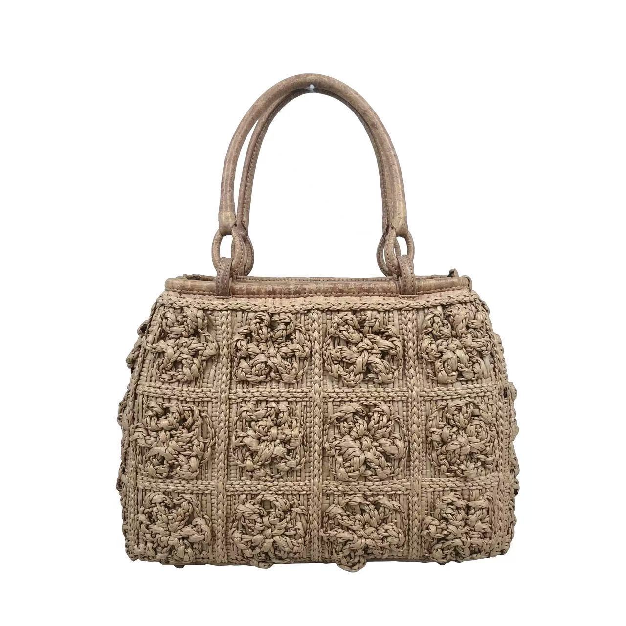 R-227 Floral Embossed Wild Rattan Handbag, Hand Woven Vintage Shoulder Bag