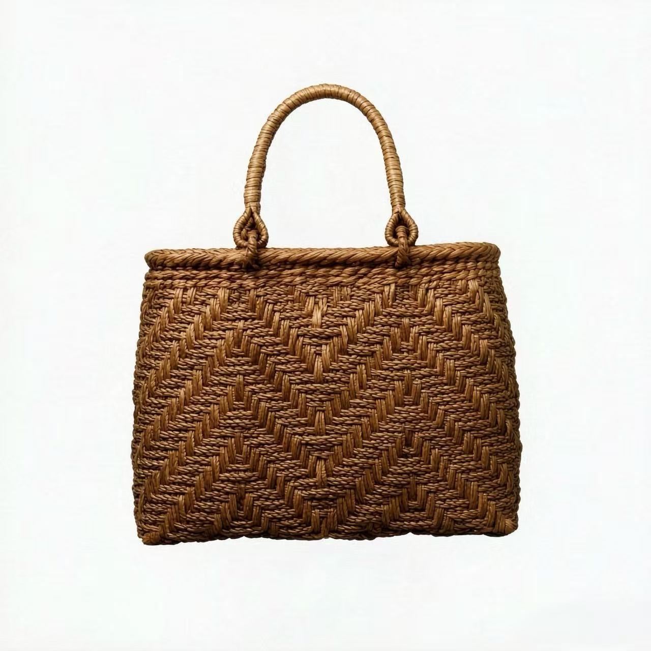 F023 Handwoven Natural Rattan Bark Handbag With Cotton Drawstring Lining