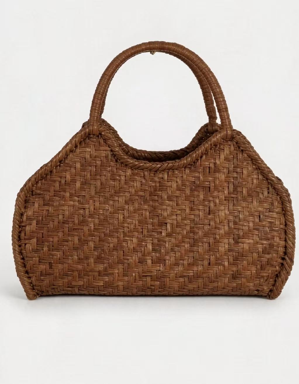  Hexagon Floral Handwoven Rattan Handbag with Cotton Drawstring Lining