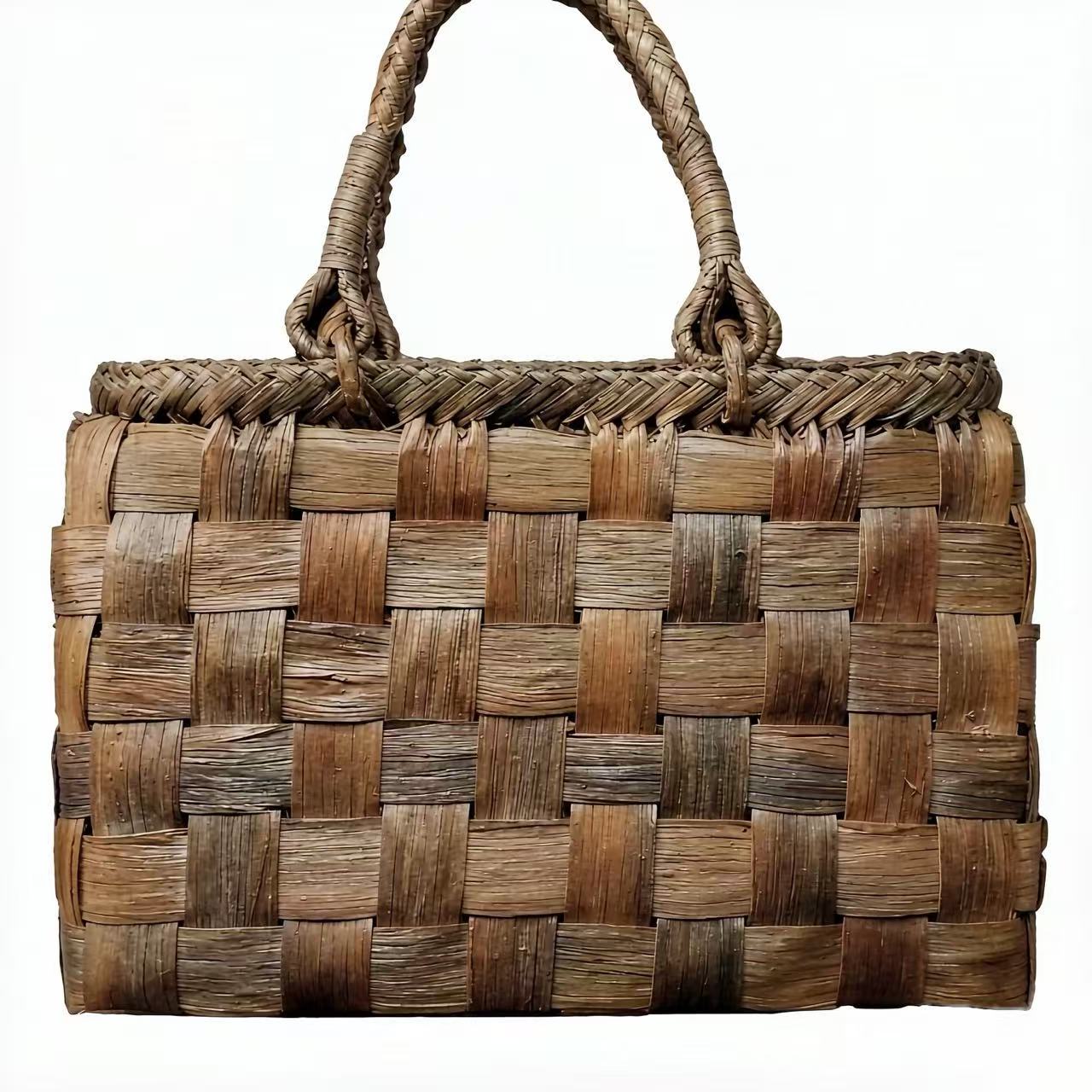 602 Handwoven Walnut Rattan Bark Handbag With Cotton Drawstring Lining
