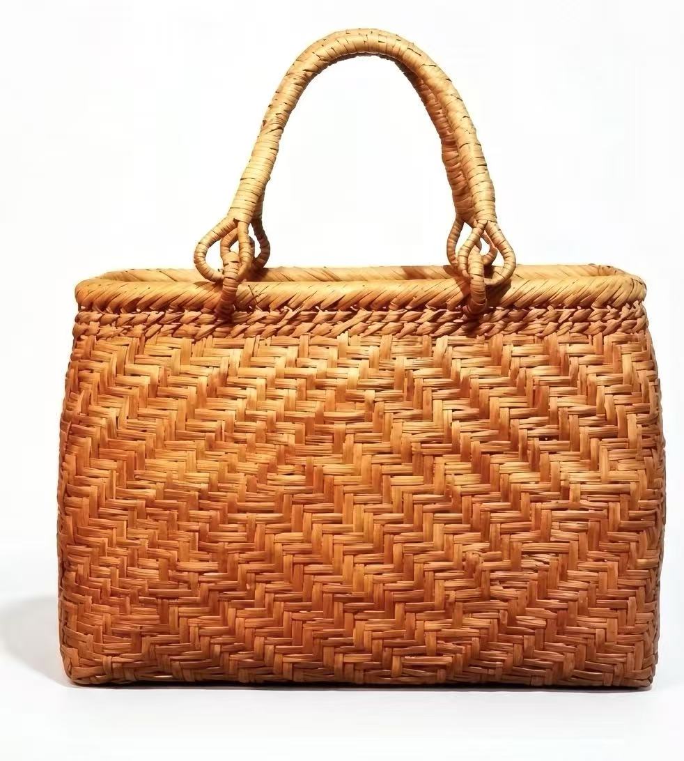 100M-1 Handwoven Natural Rattan Bark Tote Bag with Cotton Drawstring Lining