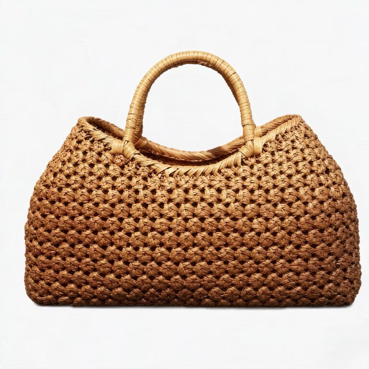 7983-1 Handwoven Rattan Bark Handbag with Cotton Drawstring Lining