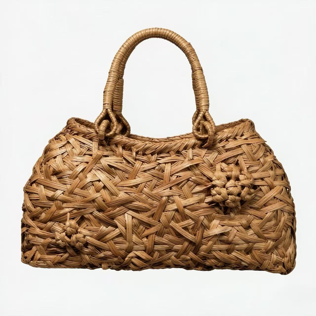 7983-2 Handwoven Rattan Bark Handbag with Cotton Drawstring Lining