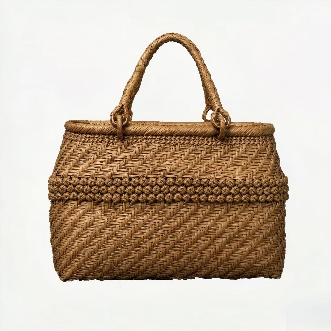 00M-3 Handwoven Rattan Bark Handbag with Cotton Drawstring Lining