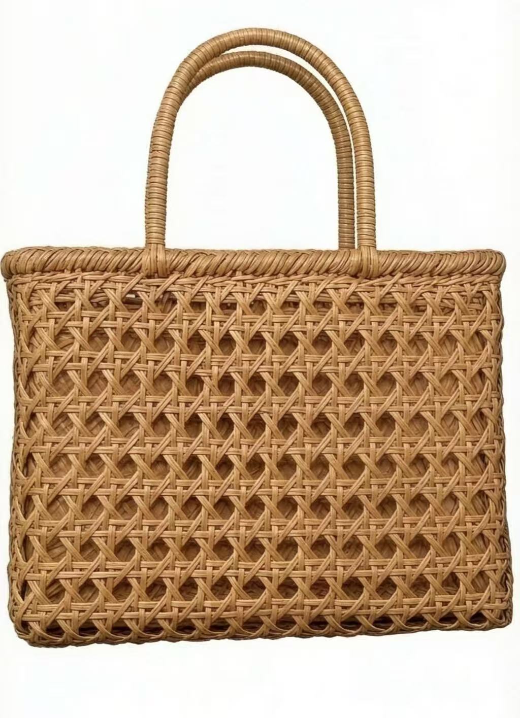 Y7/F050-2 Hollow Out Rattan Bark Tote Bag With Cotton Drawstring Lining