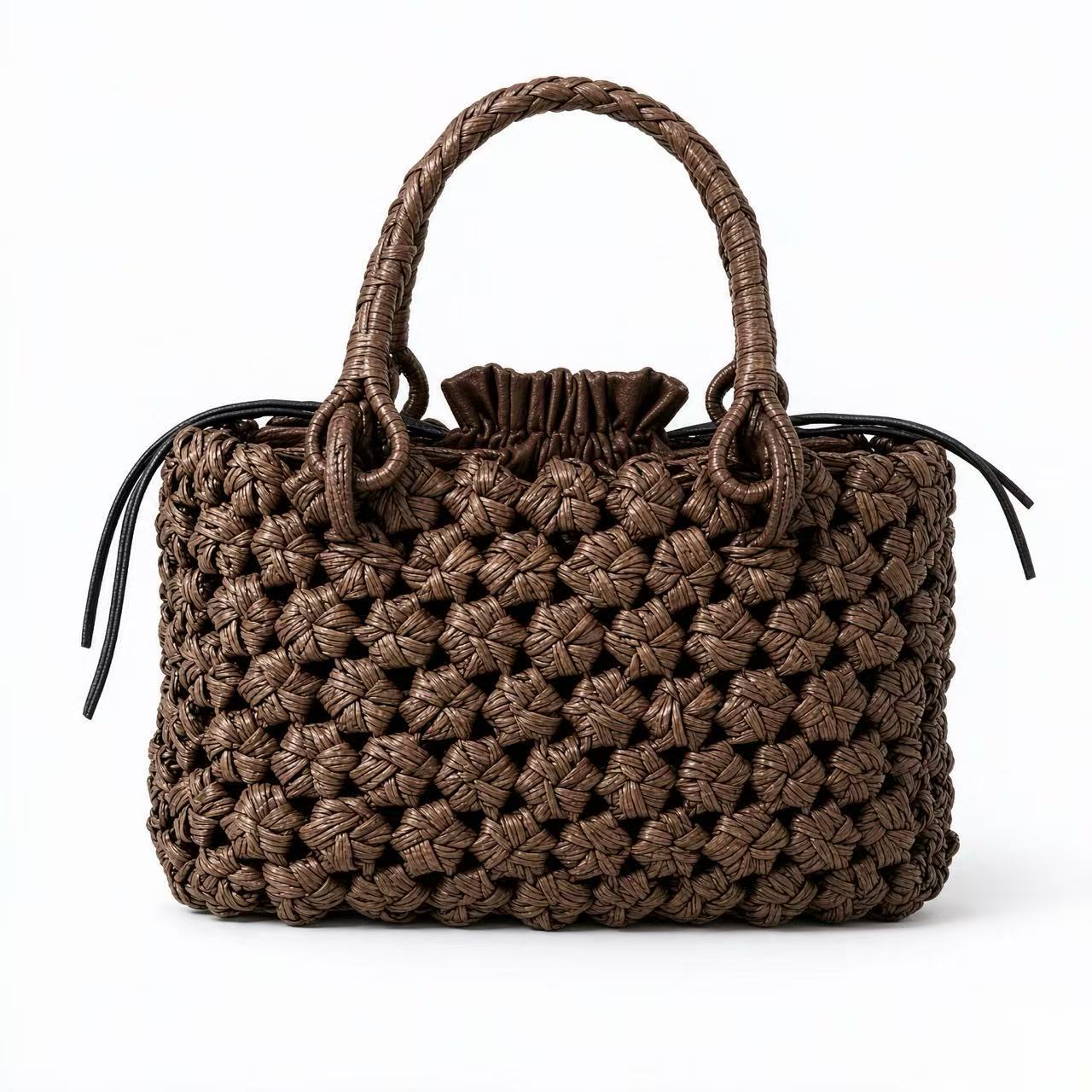 Handwoven Rattan Handbag Model YT002/209 with Cotton Lining & Drawstring Closure