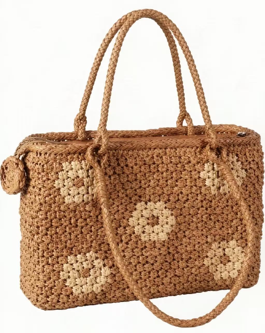 Floral Pattern Handwoven Second Rattan Handbag Model F046